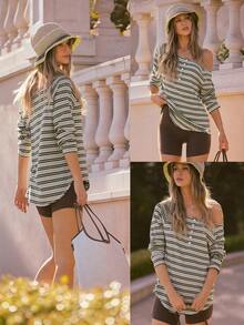 GLOWMODE Easy Day Soft Smooth Wrinkle-Resistant Striped Relaxed Fit Hip Length Curved Hem Raglan Sleeves Button-Down Top Daily Casual Wear - Green - View 8