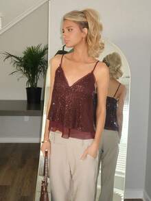 Sydney Algeri Autumn/Winter Solid Color Sexy Deep V-Neck Deep Brown Sequin Strap Women's Top, Sequin Women's Camisole, Autumn/Winter Undershirt, Party Cocktail Occasion - Brown - View 5
