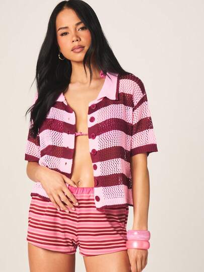 MISSGUIDED كارديجان مخطط محبوك مفتوح الأمام بأزرار مع أكمام قصيرة مثالي للطبقات الكاجوال في الربيع والصيف
