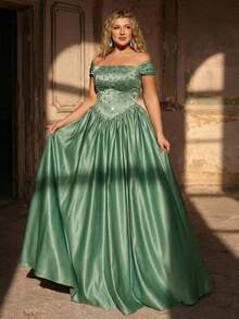 Plus-Size, Luxurious Gray-Green Satin A-Line Dress With Rhinestone Embellishments, Featuring A Deep A-Line Silhouette And A Romantic, One-Shoulder Design. A Versatile, Two-Way Gown With A Train, Perfect For Weddings, Parties, Celebrations, And Formal Occasions. (Scarf Included) - Green - View 7