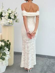 Aloruh Women's Elegant Off-Shoulder Mermaid Dress, Bohemian Style Cutout Embroidered Extra Long Solid Color Apricot Dress Off Shoulder White Dress White Mermaid Dress White Dress Sexy Long White Dress - Beige - View 3