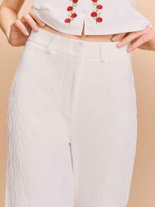 lacRébo 白色提花面料阔腿裤，夏季春夏法式巴黎风情长裤 - 米色 - 查看 1