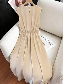 GlowEve Elegant Urban Chic New Apricot Round Neck Sleeveless Waist Cinched A-Line Midi Dress, Suitable For Daily Wear, Weddings, Galas, Commute, Graduation Parties, Holidays, Vacations, Dates, Parties, Halloween, Christmas, New Year, Thanksgiving, Weddings - Apricot - View 2