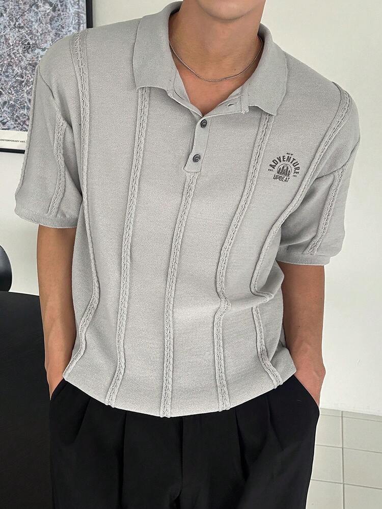 Men's Letter Print Grey Polo Collar Knit Top, Summer
