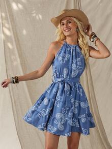 Wildy Women's White And Blue Floral Summer Boho Vacation Holiday Dress,American Casual Western Country Embroidery Sleeveless Tie-Up Mini Sundress Outfit - Blue - View 2
