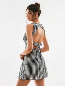 Poéselle 女士夏季休闲格子露背无袖迷你连衣裙 - 黑與白 - 查看 7