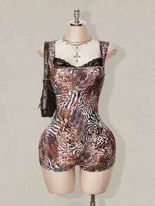 SHEIN ICON Women's Fashionable Sexy Animal Print Bodycon Romper - Multicolor - View 3