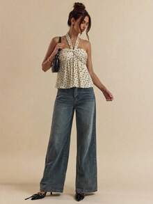 SHEIN BAE Polka Dot Pleated Elegant Blouse, Spring/Summer - Apricot - View 4