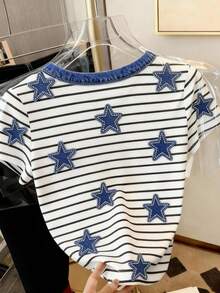 Resyla Women's Star Print Short Sleeve Casual Standard Crew Neck T-Shirt - Multicolor - View 2