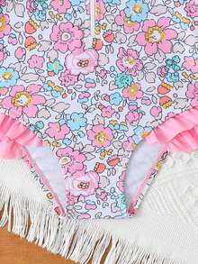 SHEIN Toddler Girl Swimsuit, Island & Palm Tree Print Long Sleeve Zipper One-Piece Swimwear, Cute Ruffle Raglan Sleeve Sun Protection Swimsuit - Multicolor - View 3