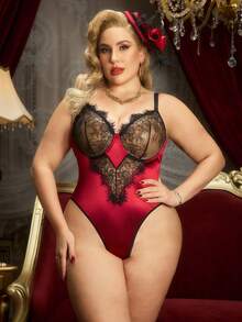 Bộ jumpsuit ren gợi cảm, màu đỏ tía phối satin đen, cổ chữ V khoét sâu, xuyên thấu. - Màu Đỏ Sâu - Xem 4