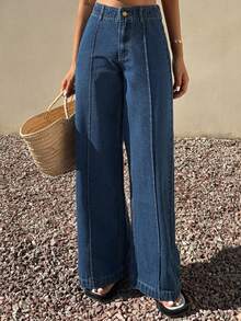 DAZY 女士度假休闲水洗高腰阔腿牛仔裤 - 藍色 - 查看 3