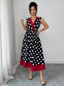 SHEIN Franclia Neues elegantes Mode Schwarzes Polka Punkt Muster Rotes Kreuz V-Ausschnitt Ärmellos Taille Binden A-Linie Kleid, schlank sitzend für Frauen, geeignet für Urlaub, Frühling/Sommer - Schwarz - Übersicht 6