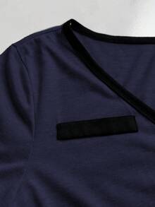 Lazeform Bộ đồ ngủ nữ kiểu Mỹ gồm áo khoác cardigan cổ chữ V tay dài và quần ống rộng phối màu tương phản. - Màu xanh hải quân - Xem 7