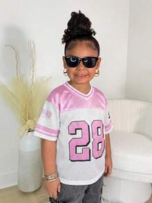 少女休闲可爱V领印花T恤，宽松版型字母印花粉色T恤，适合日常街头穿着 - 粉色 - 查看 3