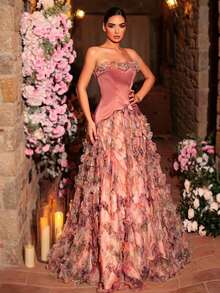 Glamrae 优雅多色浪漫网纱花卉印花拼接缎面不对称高低摆长款连衣裙，侧开衩设计，适合约会、度假、单身派对、婚礼、返校、所有正式场合、红毯、音乐会、晚宴等。 - 彩色 - 查看 7