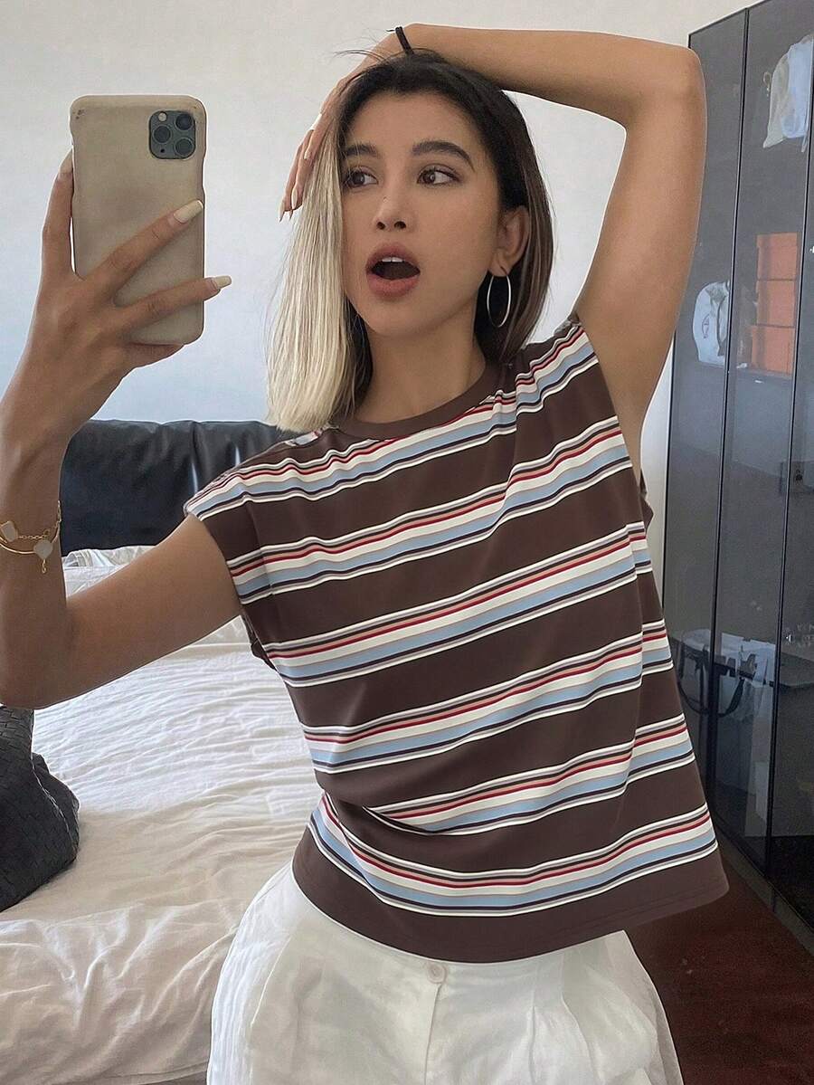 DAZY 条纹圆领无袖垫肩女式T恤 - 咖啡棕 - 查看 1