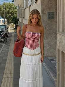 Aloruh Áo không tay mới cho nữ, kiểu dáng corset ống màu đỏ trắng kẻ caro với viền ren và nơ trang trí, phong cách Y2K, thích hợp cho mùa xuân/hè, đi biển, nghỉ lễ, hè, đi chơi. - Đỏ và trắng - Xem 4