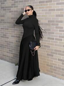 Melissa Matos City 优雅针织拼布高领长袖细肩带 A 字形连衣裙 - 黑色 - 查看 5