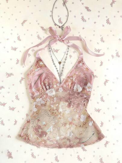 Elamini Sweet & Sexy Pink Sheer Lace Floral Sequin Patchwork Tie-Up V-Neck Fitted Halter Top, Spring/Summer Flower Top Lace Top Pink Top Kawaii Top