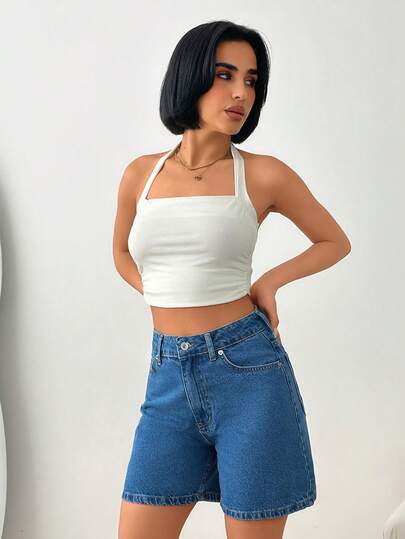 SHEIN High Rise, Comfort, Washed, Mid Length Shorts In Bright Blue