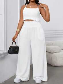 SHEIN LUNE CURVE Plus Size Women's Spring/Summer Solid Color Chiffon Casual Loose Pants, Elastic Waist With Flared Hem, Suitable For Work And Daily Wear - White - View 7