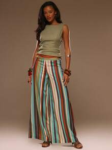 MUSERA Striped Low Rise Wide Leg Trousers Pants Spring Summer Vacation Beach Elegant Ibiza Festival Holiday Tajine - Multicolor - View 2