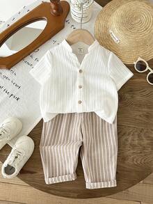 LMoss Kids LMoss 2pcs Baby Boy Woven Solid Color Collared Shirt And Pants Set Textured Mandarin Collar Versatile Shorts Boys Clothes Two Piece Summer Sets - Multicolor - View 6