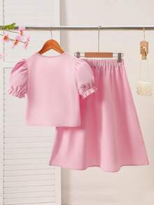SHEIN Tween Girl Floral Print Button-Front Short Sleeve Shirt And Ruffle Hem Skirt 2-Piece Set - Pink - View 2