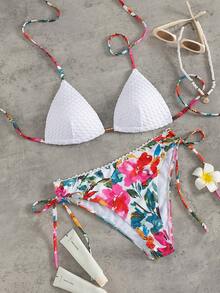 Swim Vcay Women's Solid Color Gathered Triangle Padded Side Tie Bikini Set, Summer Colorful Bikini Set Boho Bikini Bikini Floral - Multicolor - View 3