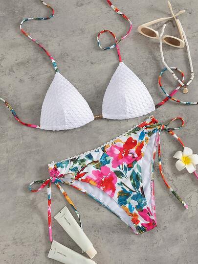 Swim Vcay Conjunto de bikini de triángulo acolchado con recogido y lazos laterales, unicolor, para verano