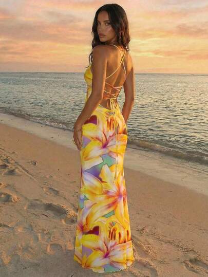 Aloruh Vestido elegante y sexy de mujer con estampado floral de lirio amarillo, escote halter y espalda descubierta, vestido de verano, atuendo de vacaciones, vestido de primavera, vestido del Día de San Valentín, vestido de playa, atuendo de playa
