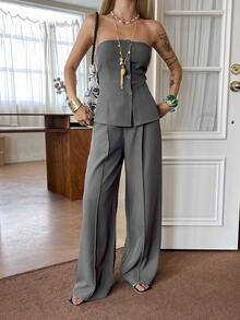 Livesso Ensemble 2 pièces Top sans bretelles unicolore et pantalon, tenue de loisirs d'été pour femmes - Gris - Voir 3