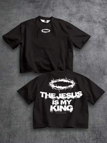 Manfinity ZONE917 Men's Slogan Print Round Neck Short Sleeve Casual Cropped T-Shirt - Black - View 5