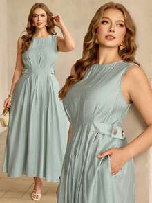 Roveilla Plus Size Women's Spring/Summer French Elegant Luxury Minimalist Design Casual Vacation Workwear Vintage Comfortable Solid Color Linen-Like Fabric Round Neck Waist Cinched Sides Waist Loops Metal Button Flared Hem Sleeveless Maxi Dress Plus Size Sage Dress Dusty Blue Women Dress Sage Dress Plus Size Curve Dresses With Pockets Light Blue Dress Curve - Mint Green - View 1
