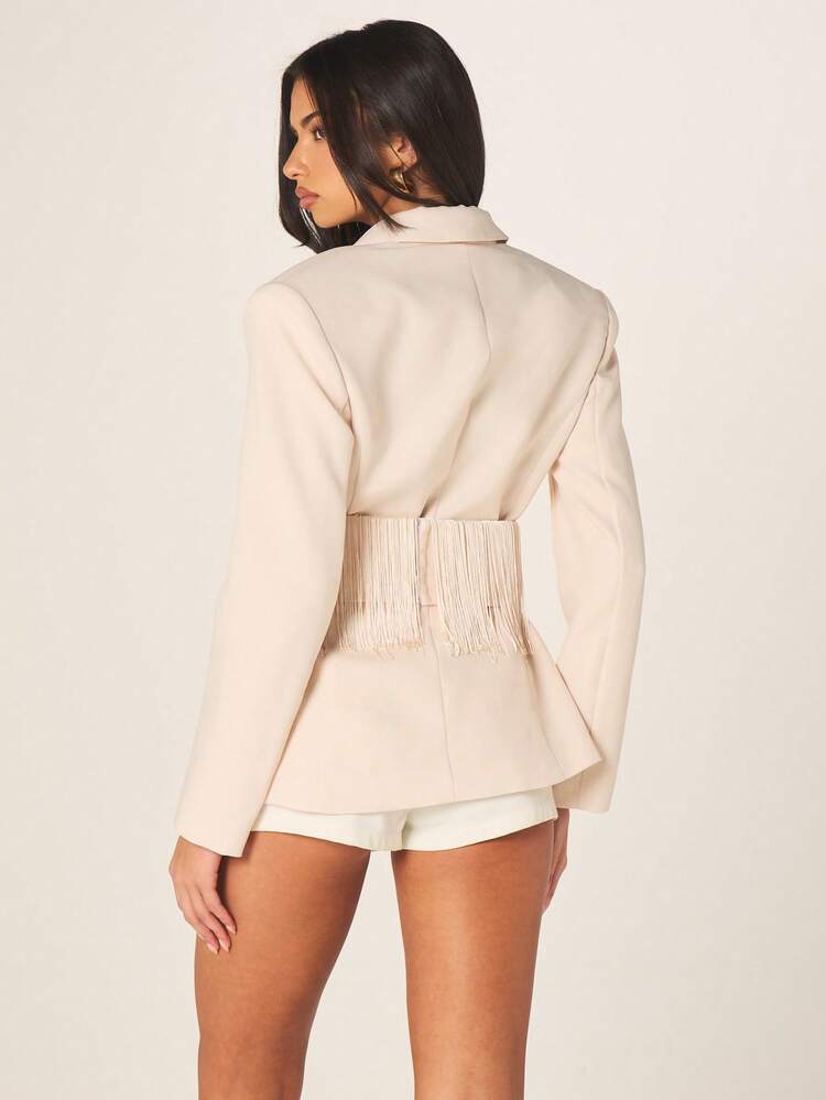 MISSGUIDED Beige Tassel Fringe Belted Waist Blazer Jacket With Lapel Collar Long Sleeve Button Closure Professional Office Work Wear Fall Winter
