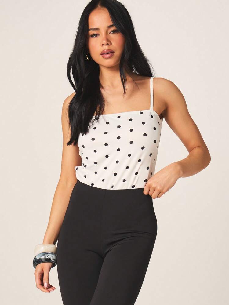 MISSGUIDED White Polka Dot Strappy Back Camisole Bodysuit With Adjustable Spaghetti Straps Square Neckline Form Fitting