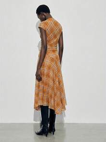 Maija Đầm maxi tay cánh dơi cổ tròn in họa tiết kẻ caro năm 2026 dành cho nữ, phong cách hiện đại, thanh lịch, lãng mạn, quý phái, sang trọng, cổ điển, phù hợp cho khách dự đám cưới, sinh nhật, công sở, thường ngày, hẹn hò, tiệc tùng, năm mới, Giáng sinh, Halloween. - trái cam - Xem 3