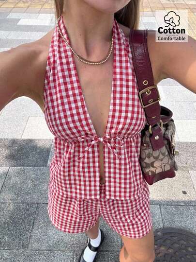 Aloruh Conjunto de dos piezas de mujer con camiseta sin espalda ajustada con escote en V profundo y lazo en la cintura, y pantalón holgado a cuadros