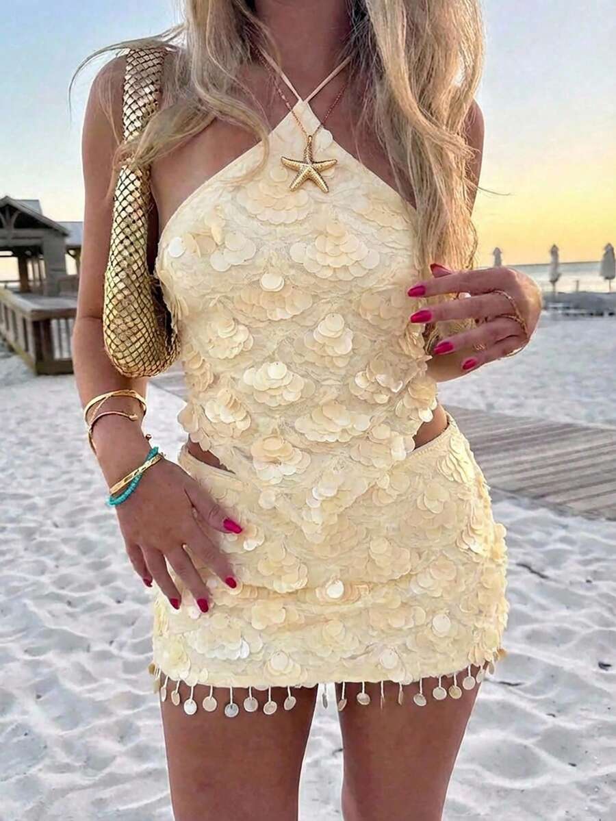 Aloruh Áo hở lưng đính sequin, dây chéo phía sau dành cho nữ, thích hợp cho Giáng sinh, Halloween, tiệc tùng. - Màu be - Xem 1