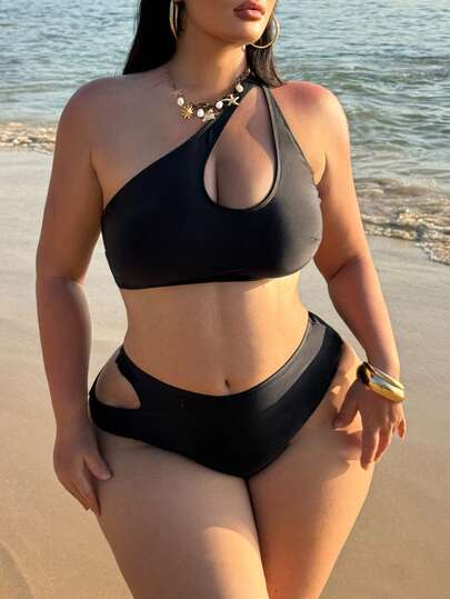 Swim SXY Plus Size Women Summer Beach Solid Color Cutout Sexy Bikini Swimwear Set