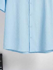SHEIN Teen Boy Solid Color Polo Collar Single-Breasted Casual Versatile Daily Wear Short Sleeve Shirt,Kids Spring Outfits For Men Plain Shirt For Men Summer Shirt For Men Light Blue Men Shirt - Baby Blue - View 4