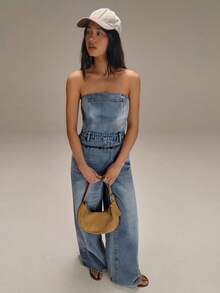 Athîral Women's Casual Washed Denim Jumpsuit For Summer - Blue - View 2