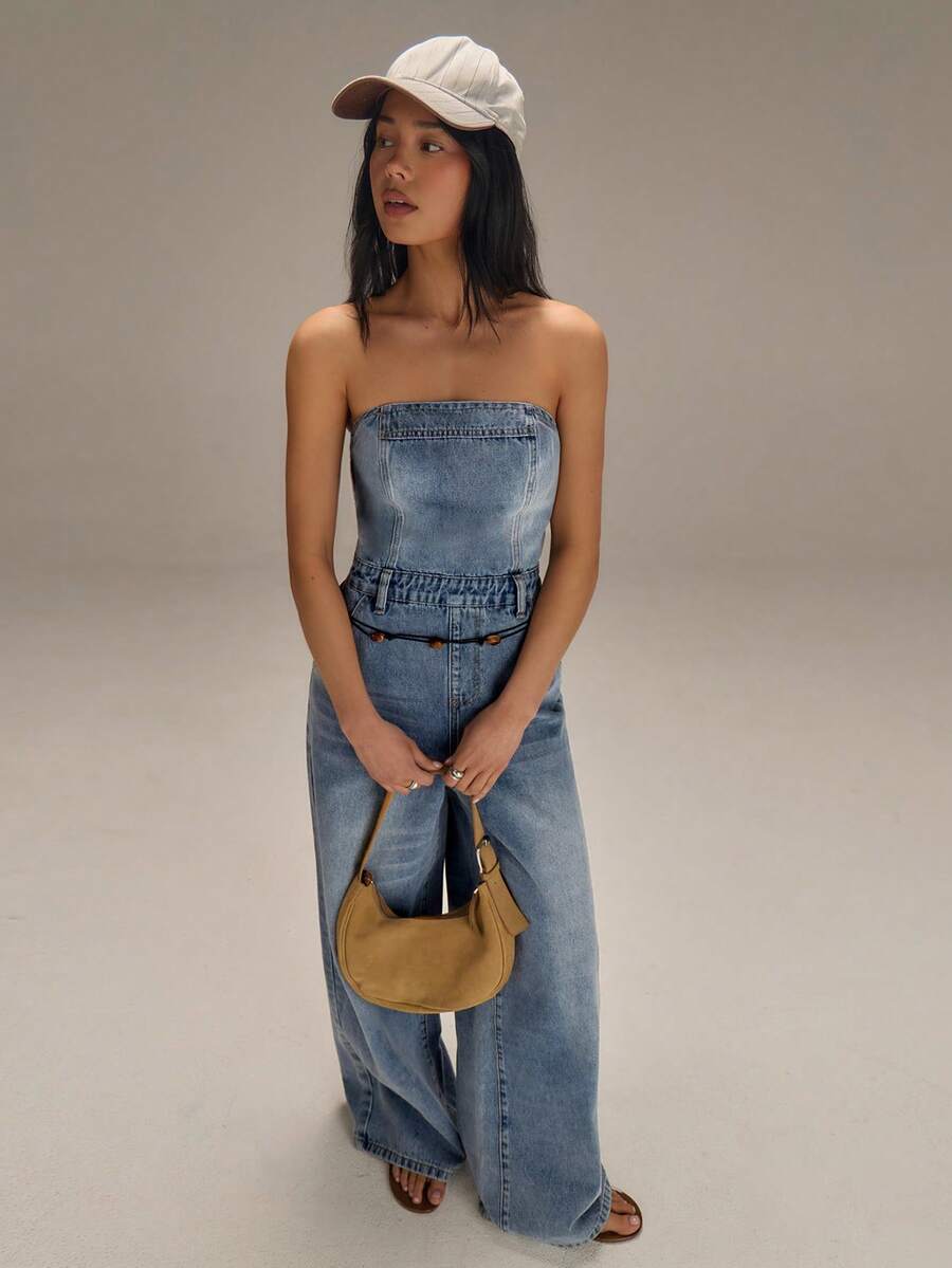 Athîral 夏季女士休闲水洗牛仔连体裤 - 藍色 - 查看 1