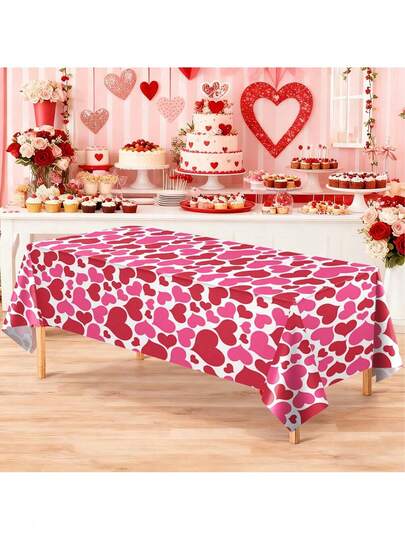 3 Piecespack, Including 1 Valentine's Day Pink Heart-Themed Party Tablecloth, Valentine's Day Party Decorations, 108*54 Inch Pink Rose Heart Plastic Tablecloth, Suitable For Birthdays, Proposals, Pre-Wedding Parties And Restaurant Decorations, Made Of PE Material.