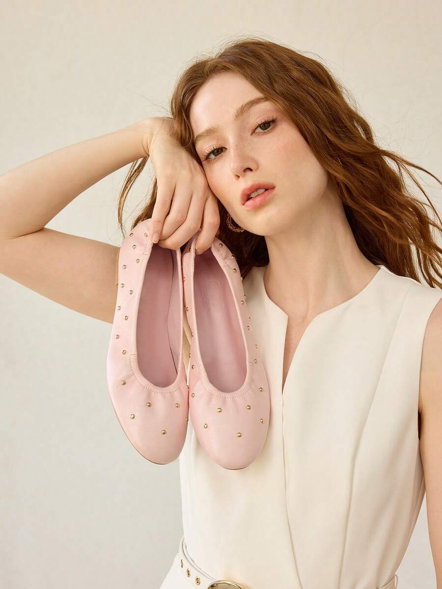 MOTF Zapatos de mujer de estilo retro francés de alta calidad, de piel de PU con remaches, pliegues y punta redonda, suela plana, color rosa, versátiles, elegantes, de fácil deslizamiento, ligeros, antideslizantes y de moda sencilla - Rosa - Ver 1