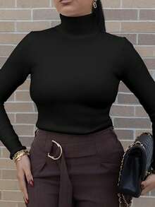 Melissa Matos 高领保暖内衬修身长袖毛衣，秋冬季保暖内衣 - 黑色 - 查看 5