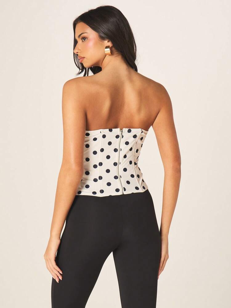 MISSGUIDED Women Strapless Polka Dot Bandeau Top With Tie Detail And Back Zipper Closure For Summer Casual Outings