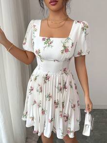 Elenzga Women's Floral Print Square Neck Petal Sleeve Pleated Hem Fashion Dress - Apricot - View 6