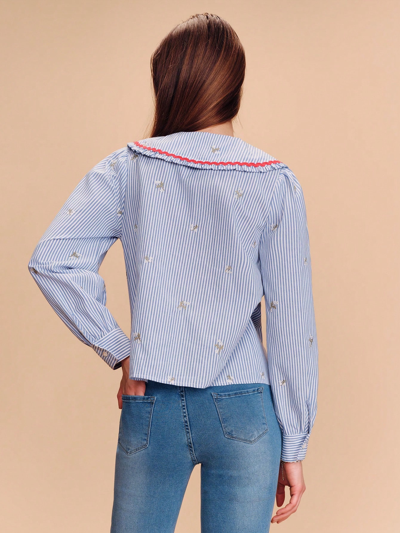 Blue Embroidered Shirt With An Oversized Collar And Contrasting Red Lace Trim Spring Summer French Style Parisian Style Business Casual